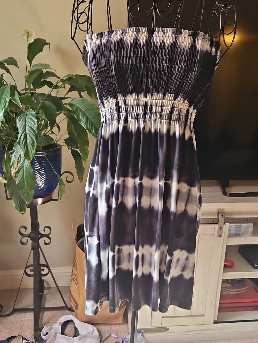 Strapless Tie-Dye Smocked Sundress in Black and White